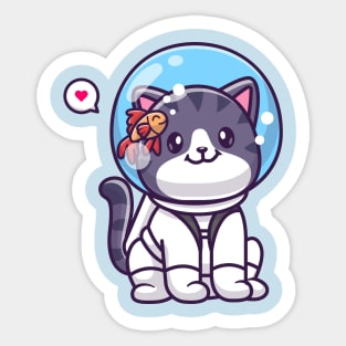 Cute Cat Astronaut Sitting With Fish Cartoon Sticker